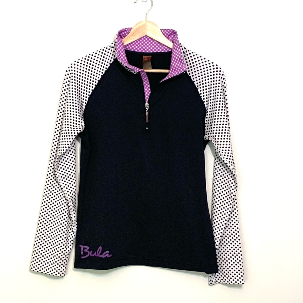 Bula Base Layer Running Pop Over 1/4 Zip Black Purple Polka Dots Size Medium
